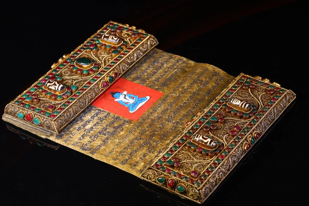 Tibetan Silver Gilded Mosaic Gem Scriptures Amulet (9")