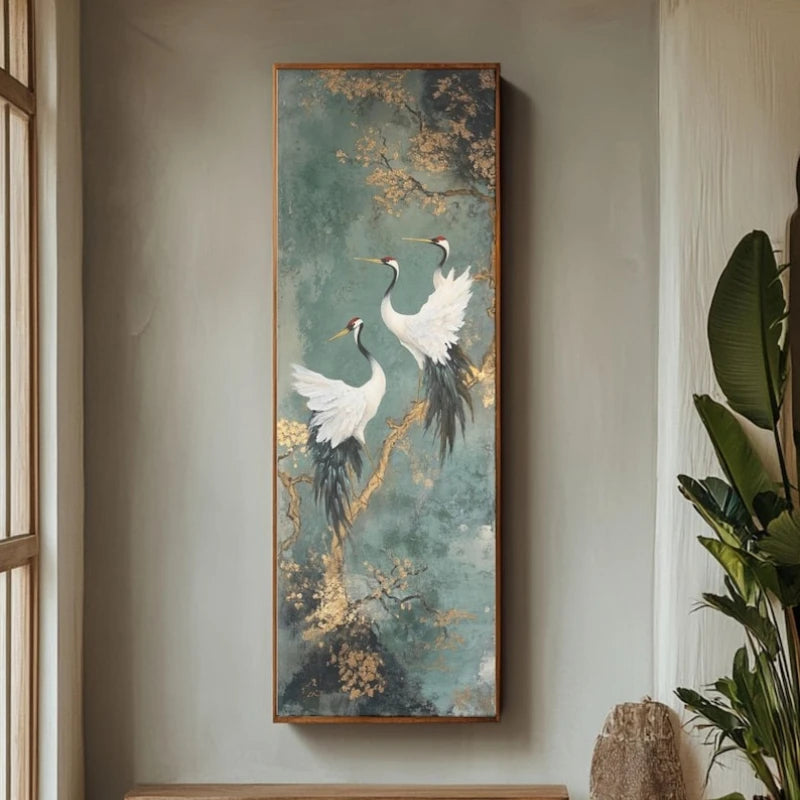 Japanischer goldener Kranich-Deko-Poster, luxuriöse Leinwandmalerei, vertikales rahmenloses Wandbild für den Eingangsbereich