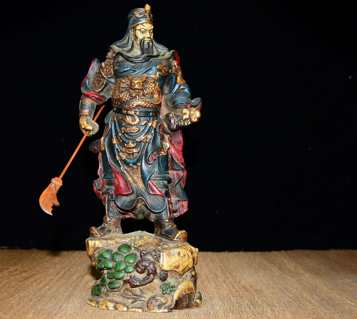 Tibetan Temple Boxwood Guan Gong Statue, Dragon Guardian 9"