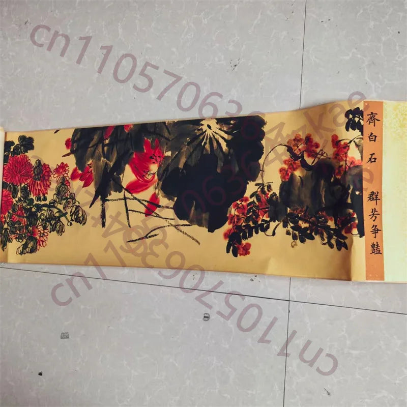 China Old long Scroll Painting,Qi Baishi's watercolor painting "Colorful Painting of the Competition of Flowers"