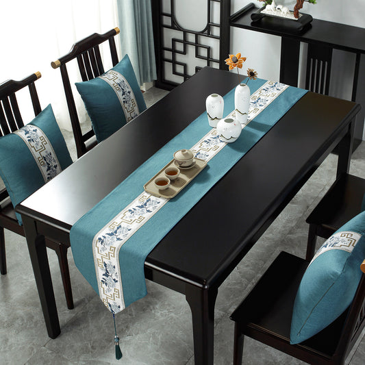 Chinese Table Runner with Floral and Zen Pattern