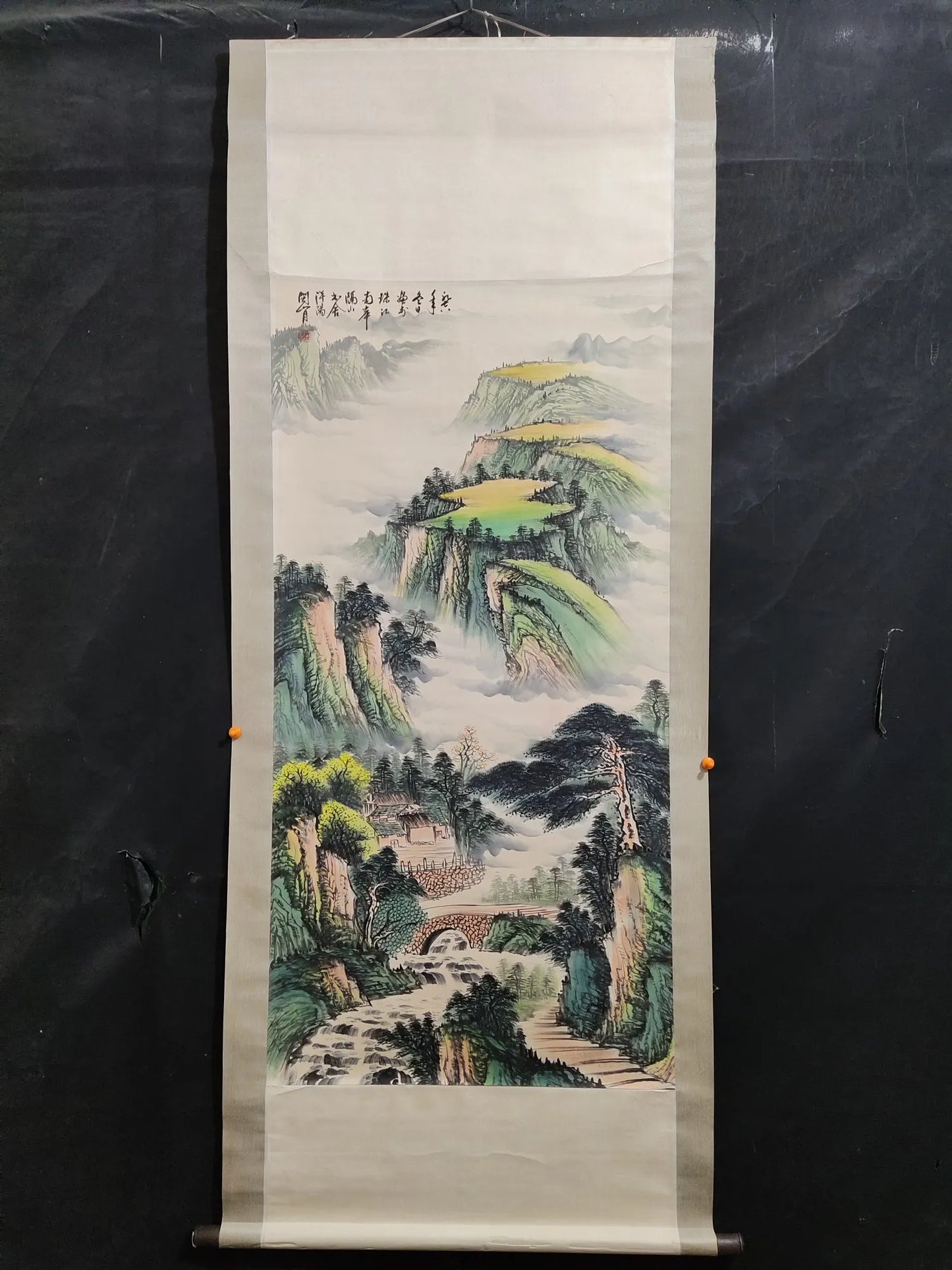 Chinese Landscape Scroll with Calligraphy – Mountains & Waters, Attributed to Guan Shanyue