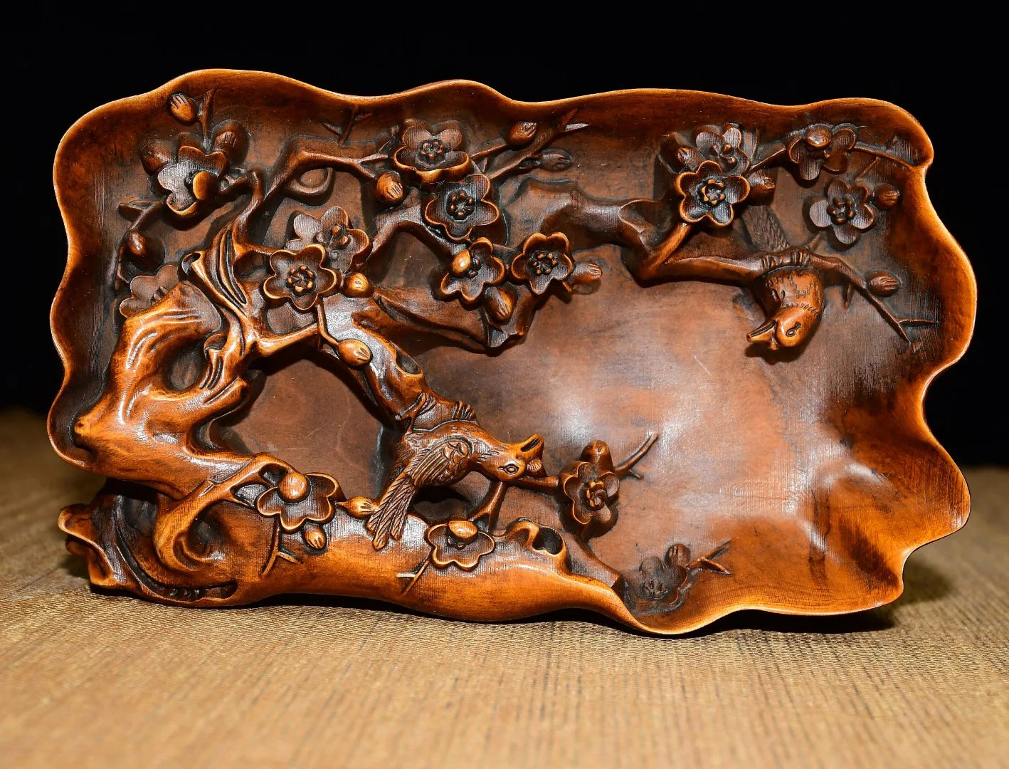 6"Tibetan Temple Collection Old Boxwood Magpie and Plum Blossom Statue Amass wealth Ornament