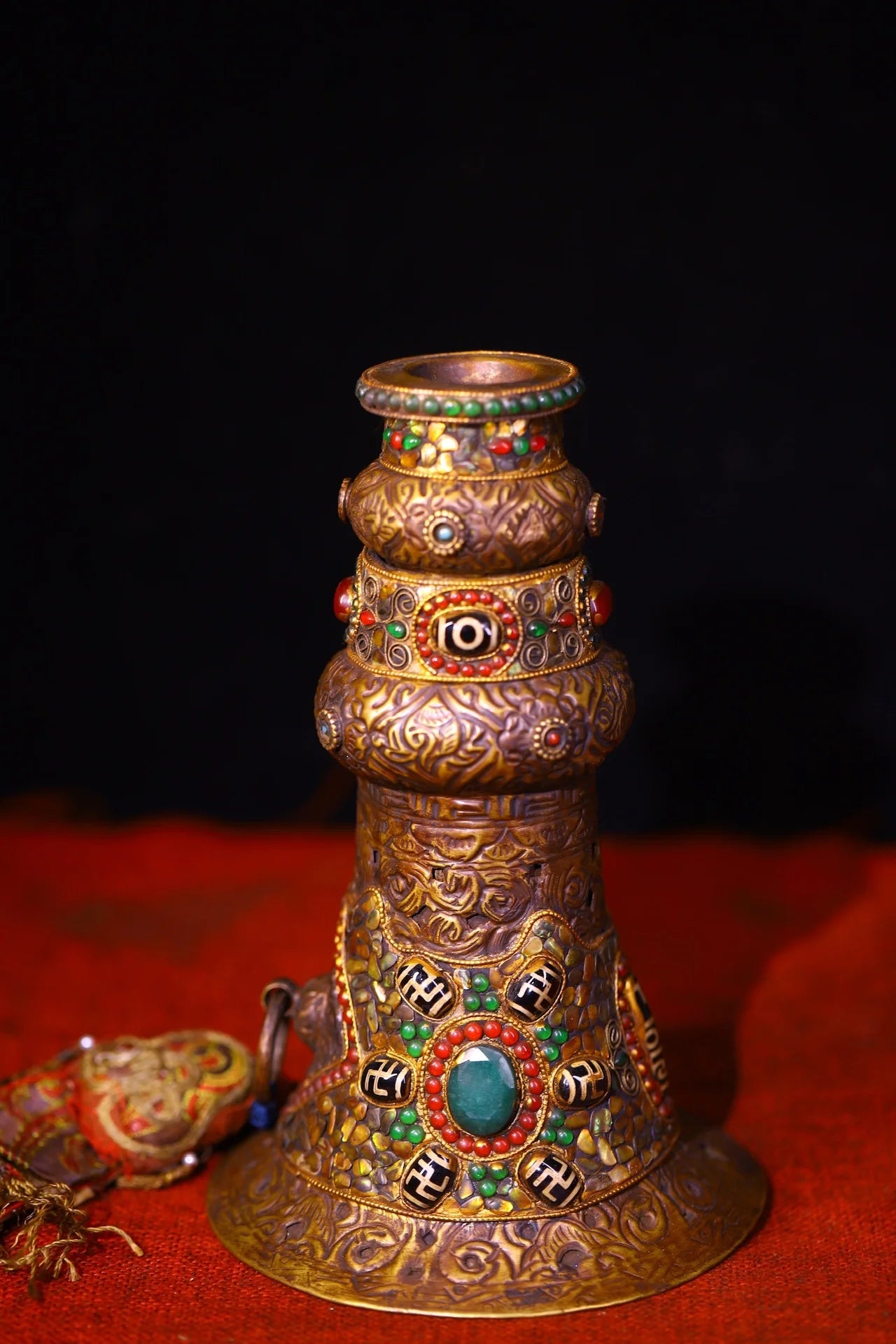 Tibetan Purple-Bronze Prayer Horn with Mosaic Gems & Gzi Beads