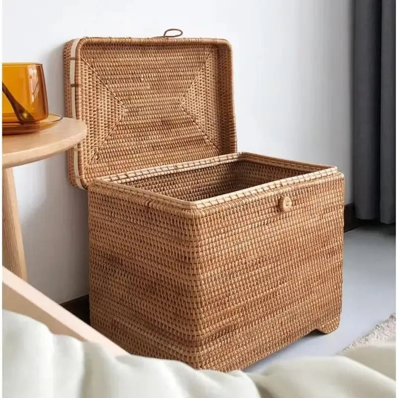Handcrafted Vietnam Autumn Rattan Hamper with Cover – Natural Woven Laundry & Storage Chest (43×28×35cm)