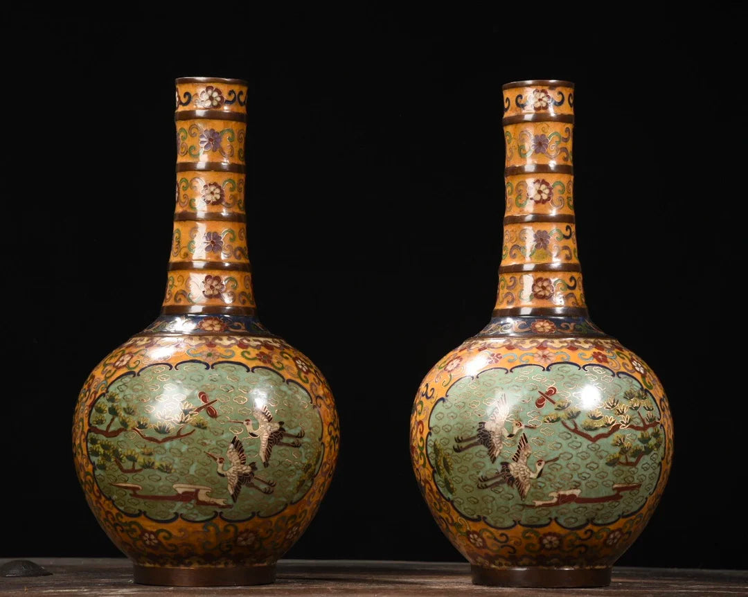 Tibetan Purple Bronze Cloisonné Pine & Crane Vases (Pair, 14")