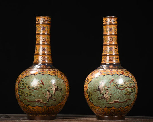 Tibetan Purple Bronze Cloisonné Pine & Crane Vases (Pair, 14")