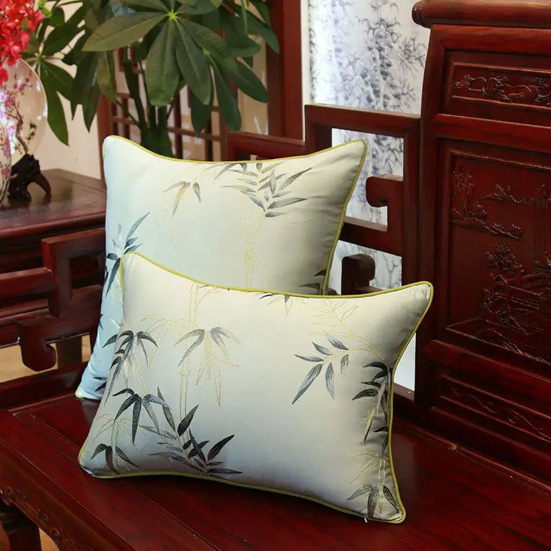 New Chinese-Style Flower & Bird Embroidered Pillow Cover – Silk-Touch Lumbar & Square Cushion Case