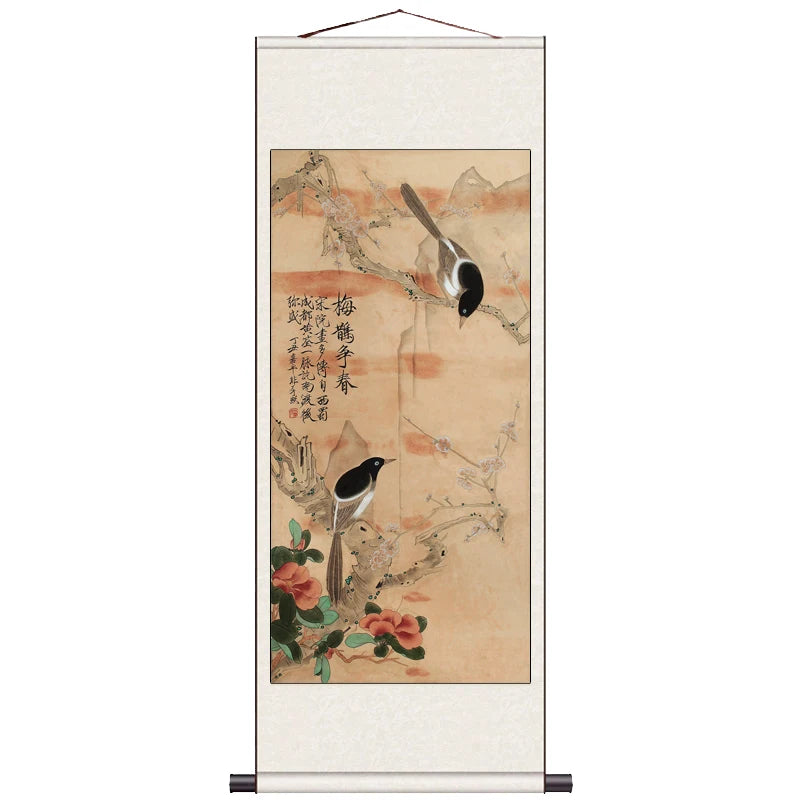 Peach Blossom Double Swallow Decorative Calligraphy and Painting Silk Gift Room Decor Aesthetic Wall Art Home Decor