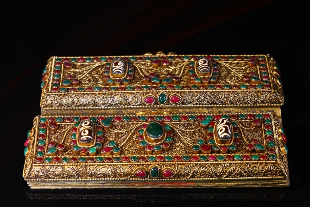 Tibetan Silver Gilded Mosaic Gem Scriptures Amulet (9")