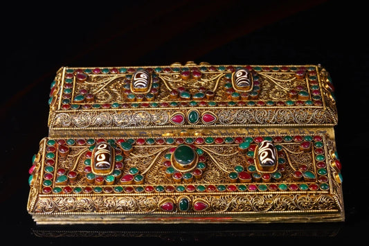 Tibetan Silver Gilded Mosaic Gem Scriptures Amulet (9")
