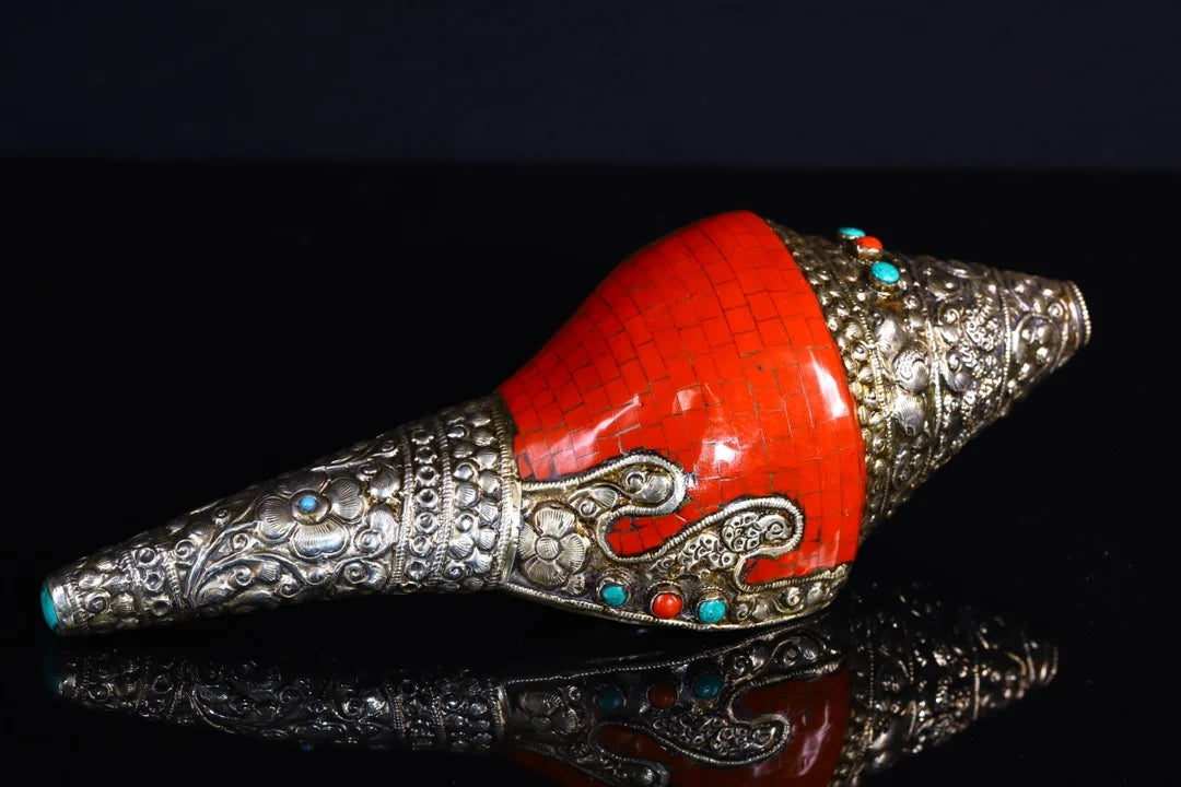 13"Tibetan Temple Collection Old Natural Conch Tibetan silver Mosaic Gem Turquoise Buddha Conch Worship Hall Town house