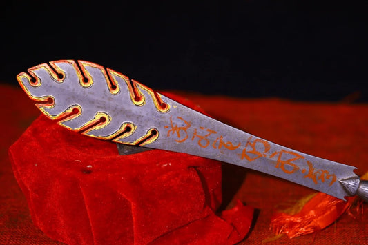 15"Temple Collection Old Tiantie Cinnabar Flame Pattern Manjushri Sword Vajra Phurpa Pendant Amulet Dharam Town house