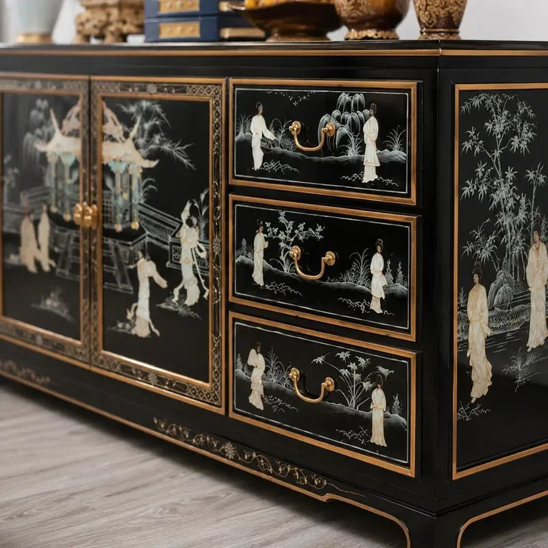 Piano Finish Solid Wood Six Drawer Two Door Cabinet Dining Sideboard with Mother of Pearl Inlay Ming Qing Style Classical