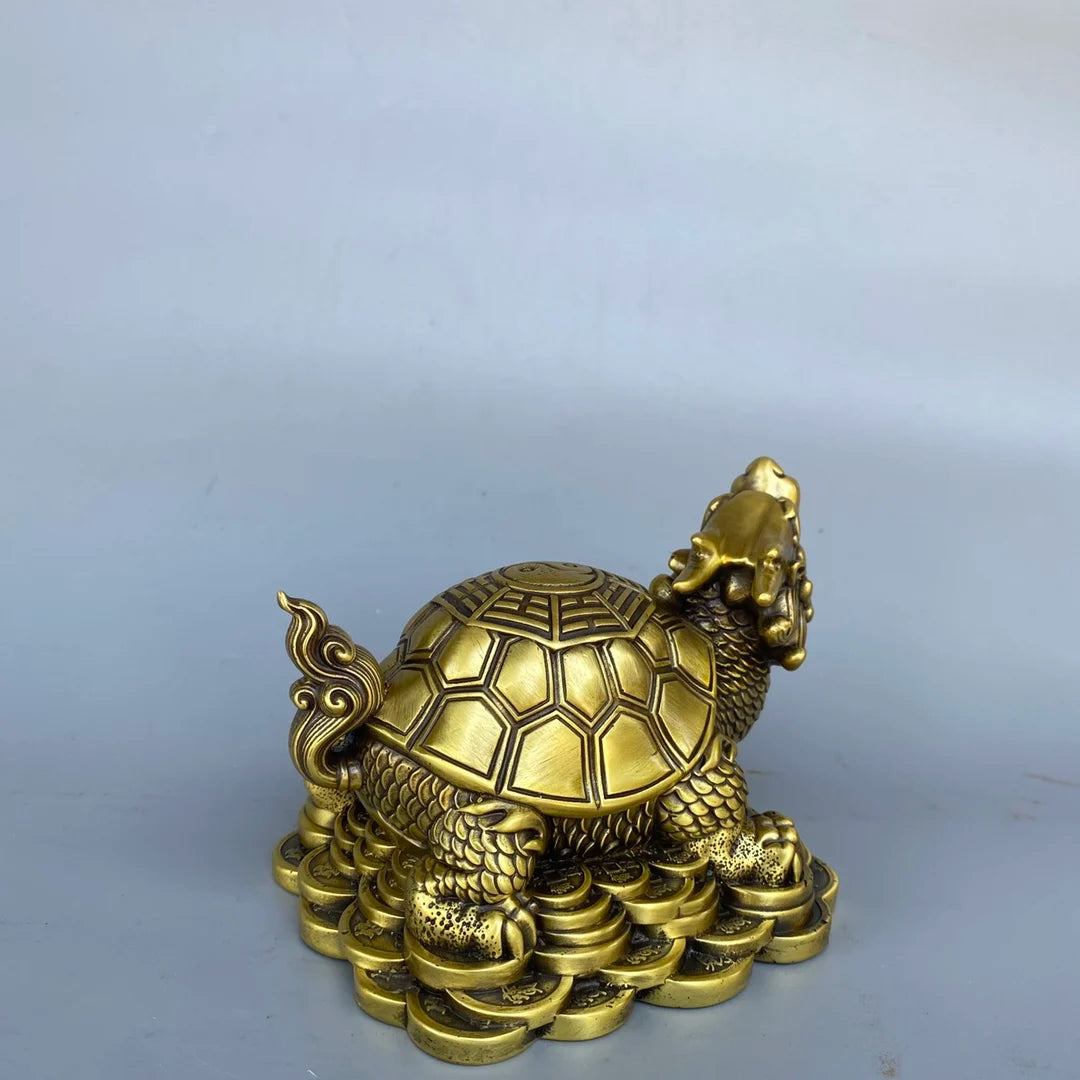 6" Brass Dragon Turtle with Yuanbao Coins – Wealth & Protection Statue