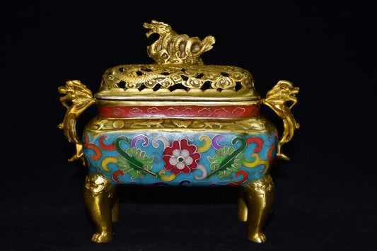 Bronze Cloisonné Dragon-Ear Incense Burner – Quadruped Temple Censer