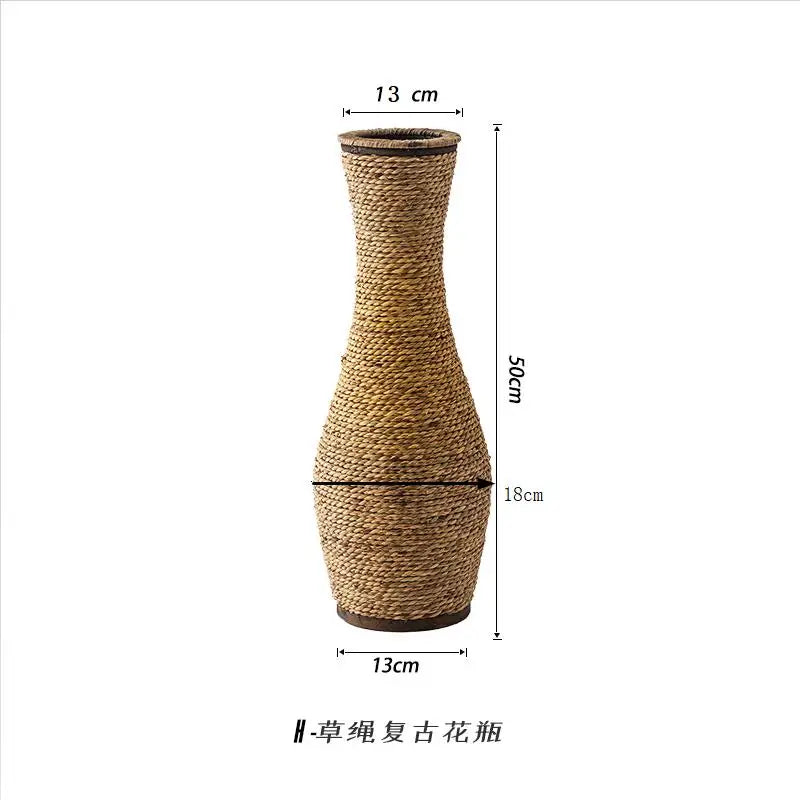 Retro Woven Rattan & Bamboo Glass Vase – Natural Dried Flower Basket