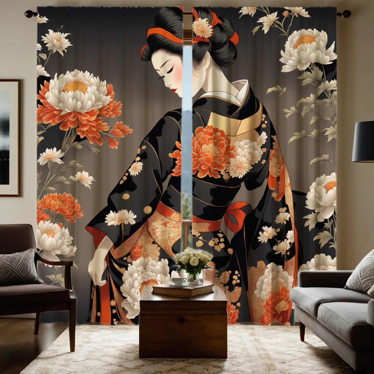 Japanese Geisha & Kimono Art Window Curtains – Traditional Oriental Drapes (2 Panels)