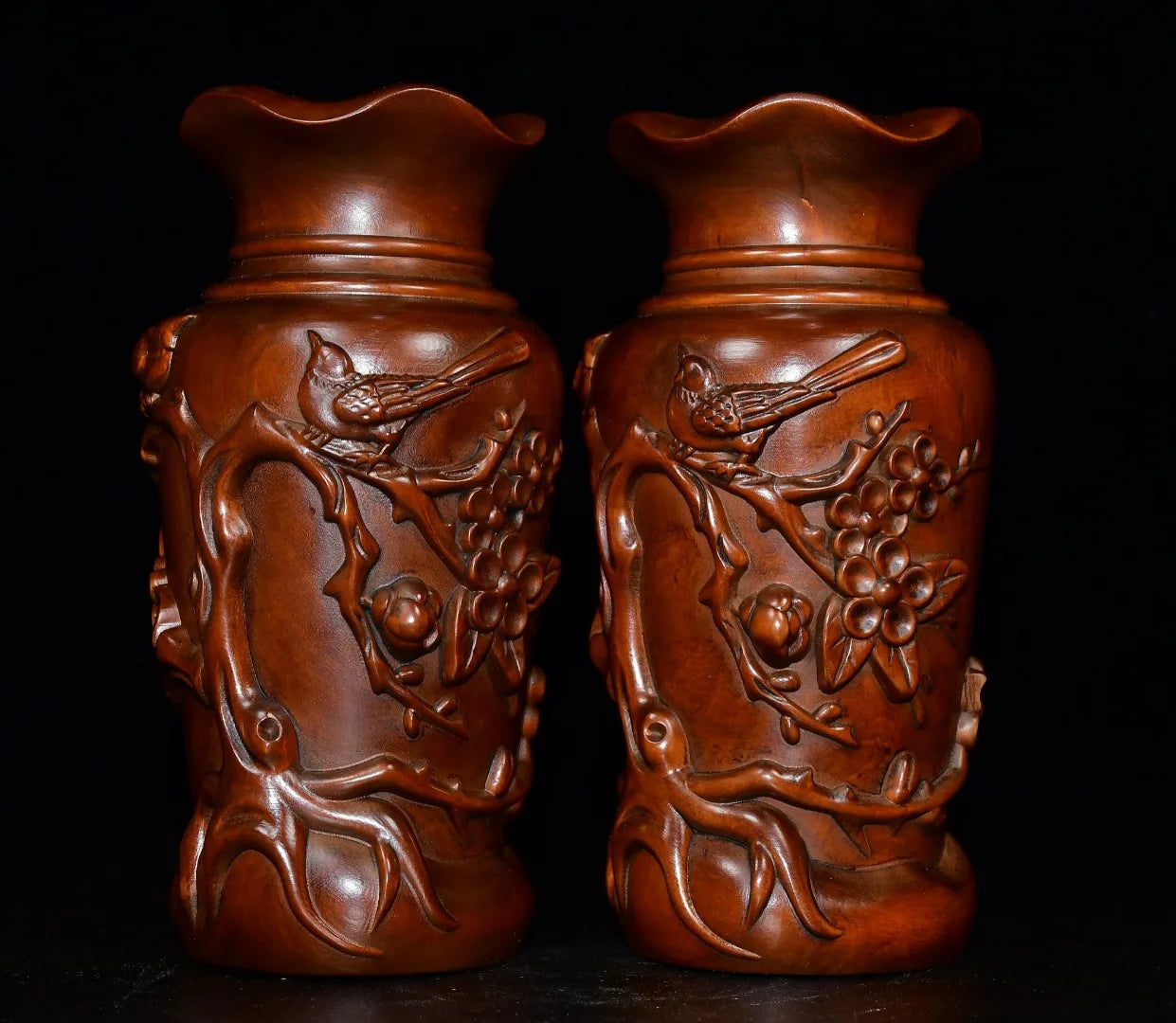 6"Tibetan Temple Collection Old Boxwood Magpie and Plum Blossom Pattern Vase  A Pair Amass wealth Ornaments Town house