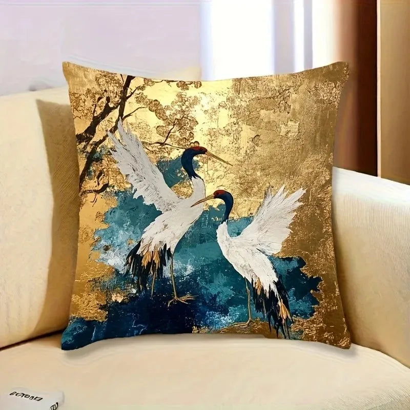Elegant Oriental Crane Bird Pillowcase 2D Flat Printed Gold Texture Peach Skin Throw Cushion Cover For Couch Bedroom Decor
