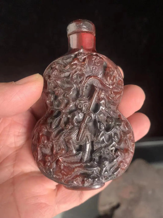 Frasco de rapé de cuerno de rinoceronte y hueso con diseño de mono de estilo antiguo – Decoración asiática para el hogar