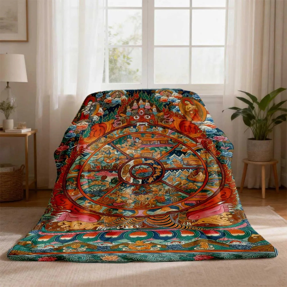 Tibetan Thangka Wheel of Life (Bhavachakra) Flannel Blanket – Sacred Buddhist Art Throw