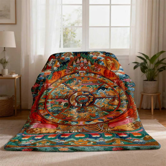 Tibetan Thangka Wheel of Life (Bhavachakra) Flannel Blanket – Sacred Buddhist Art Throw
