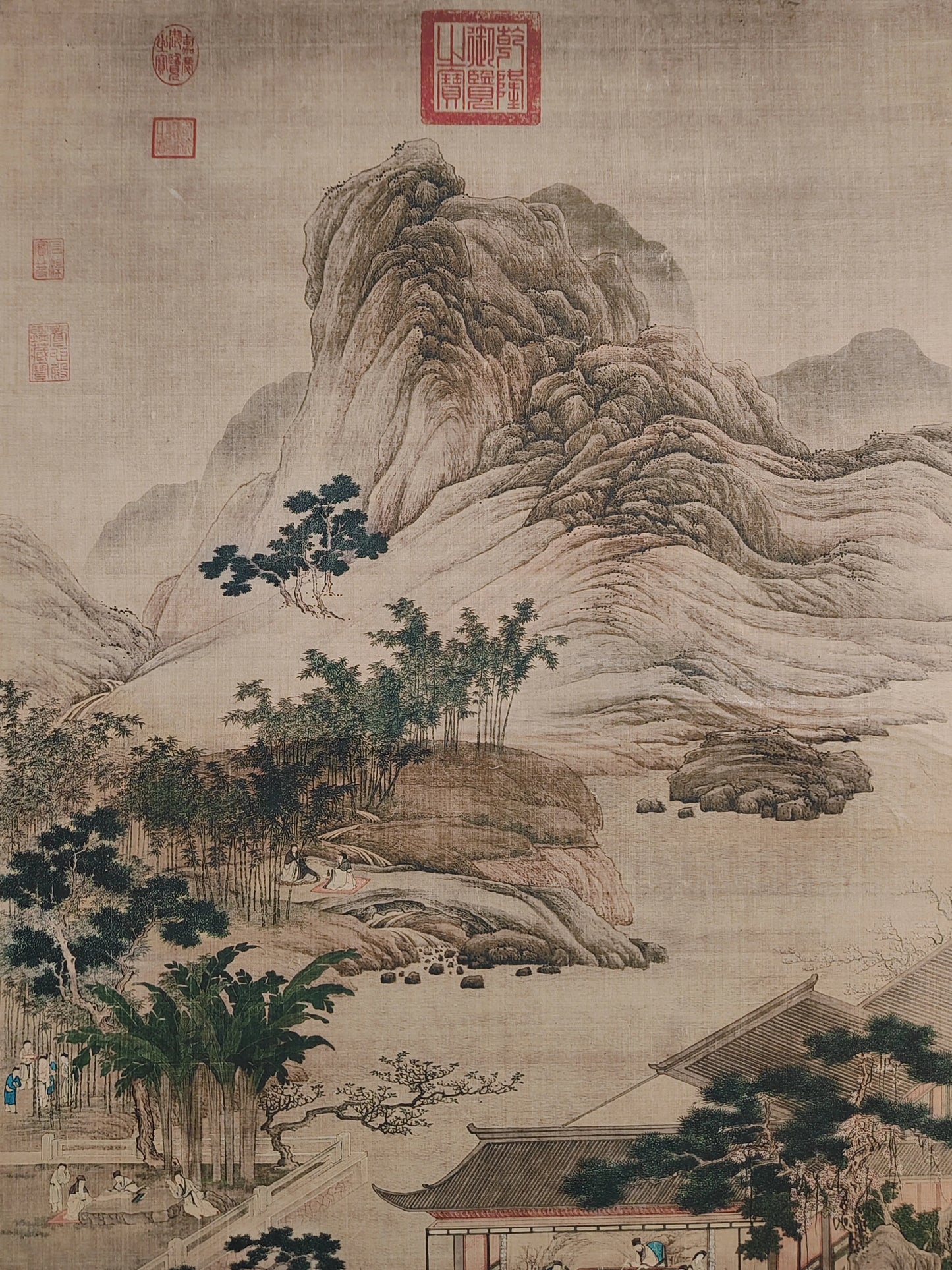 A wall scroll hanging painting of Qiu Ying's landscape on Chinese Xuan paper for the central hall decoration
