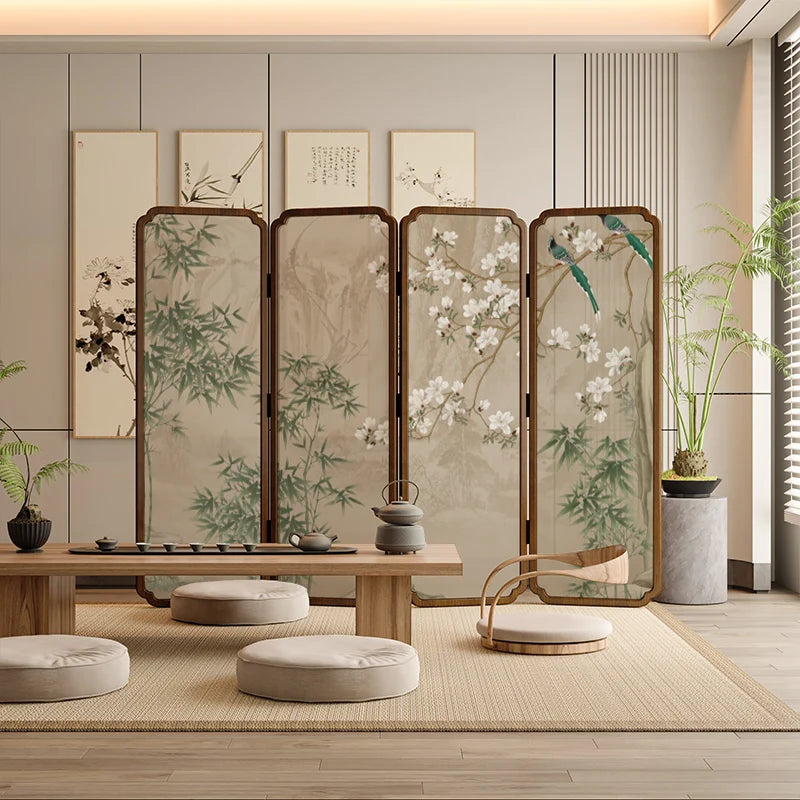 Zen Wood Folding Screen Partition | Floral & Bird Room Divider