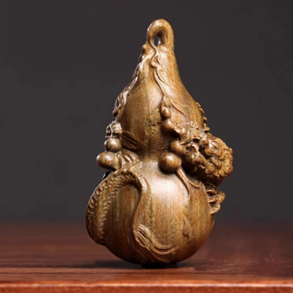 2.7" Green Sandalwood Netsuke – Hand-Carved Baby Dragon on Gourd