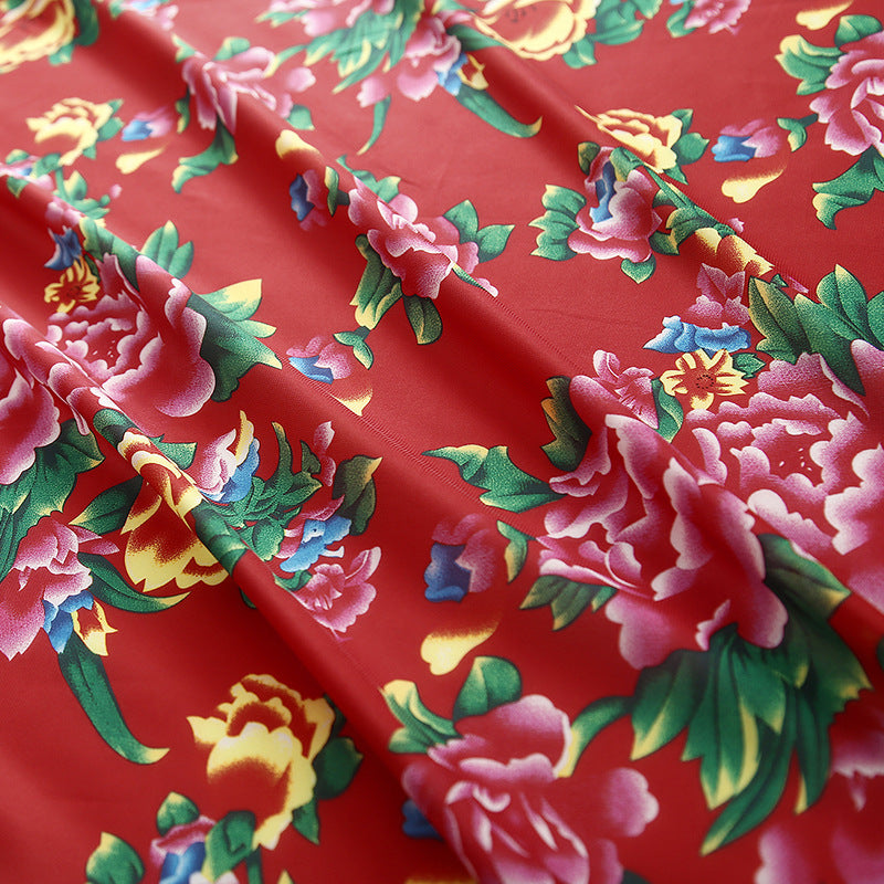 Red Chinese Style Gorgeous Flowers Chiffon Fabric