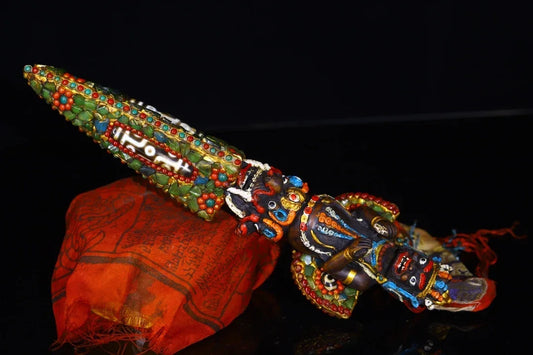 13"Tibetan Temple Collection yak bone Mosaic Gem gZi Beads Shell Puba Vajra Buddha  Head Vajra Phurpa Amulet Dharam Town house