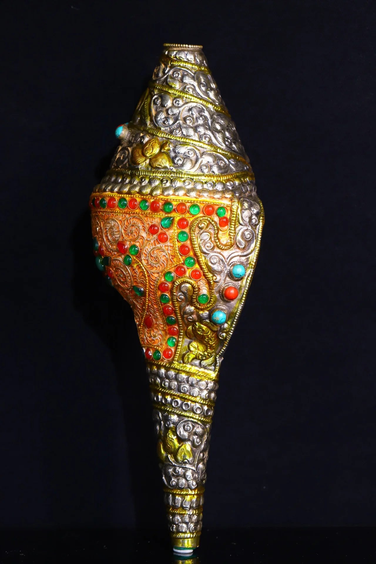 12"Tibetan Temple Collection Old Natural Conch Tibetan silver Gilded Mosaic Gem Conch Amulet Dharma Town house Exorcism