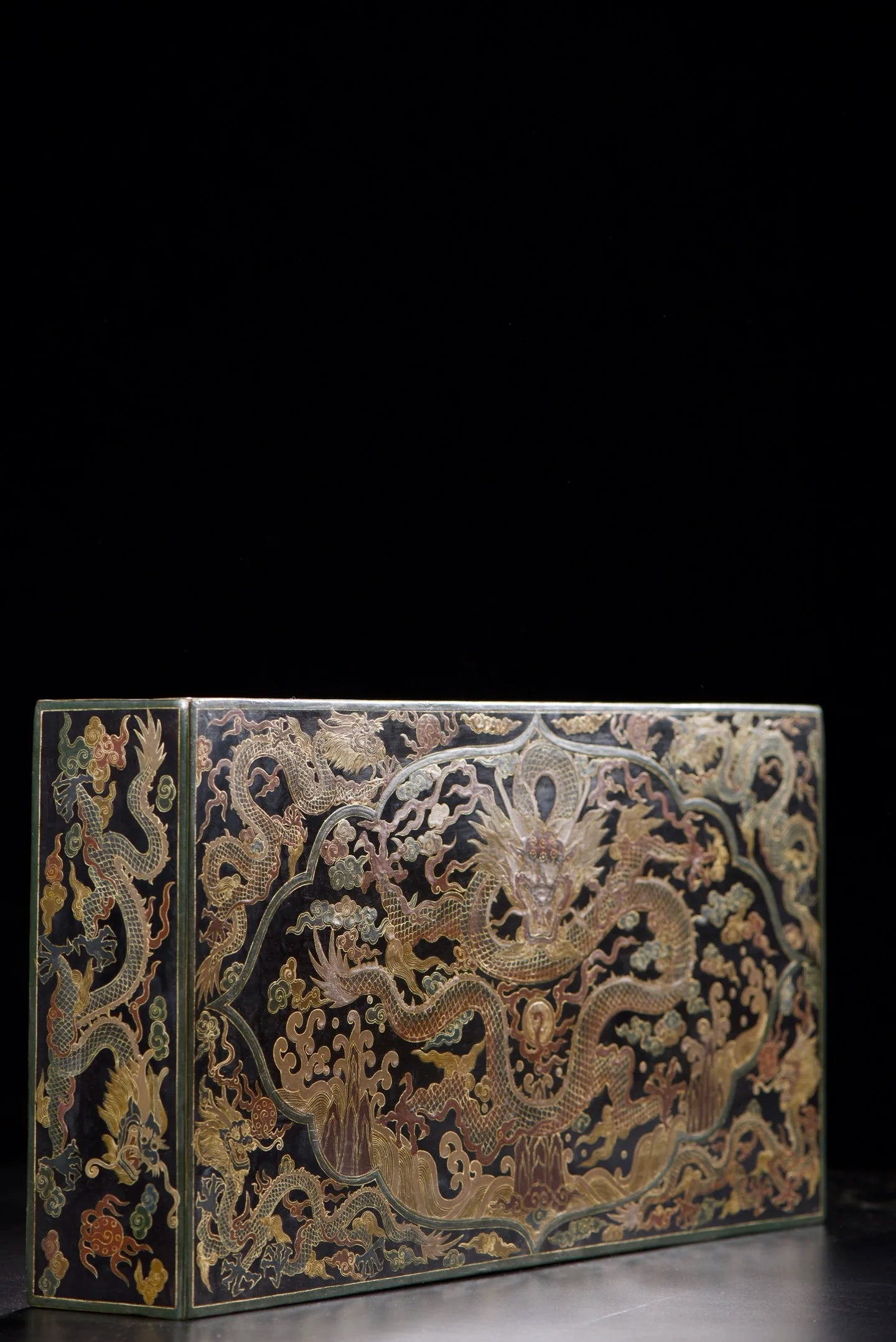 Old Wood Lacquer Dragon Scroll Stand – Gold-Outline Display Rack