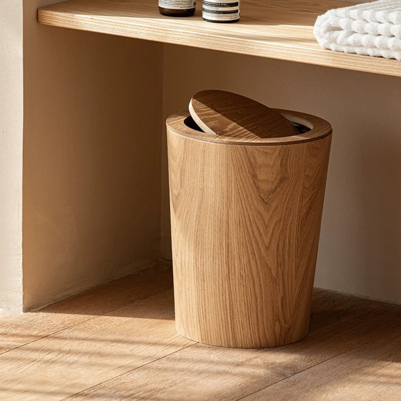 Japanese Minimalist Wooden Trash Can For Home Use