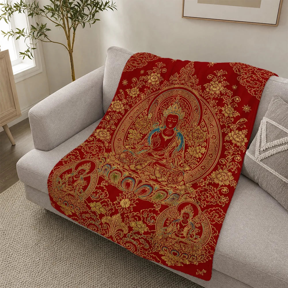 Ornate Thai Buddhist Tapestry Throw Blanket – Luxurious Red & Gold Sacred Art Blanket