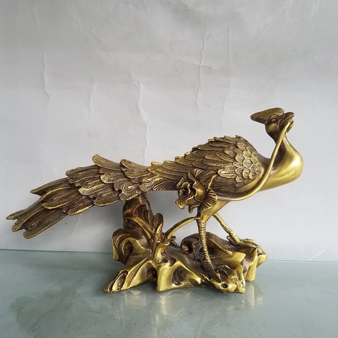 Tibetan Brass Phoenix with Lotus Statue (10")