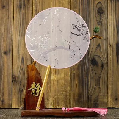 Translucent Silk Chinese Round Hand Fan, Floral, Unisex