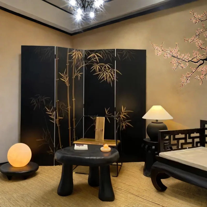 Hand-Painted Golden Bamboo Black Lacquer Folding Screen | 4-Panel Room Divider