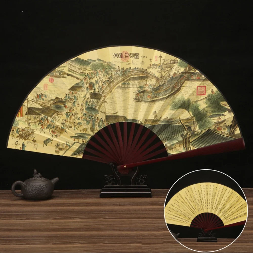 33.33CM Chinesischer Faltfächer im Vintage-Stil, Holzgriff, klassischer Party-Tanz-Handfächer, Sommer-Kühlfächer für Herren und Damen