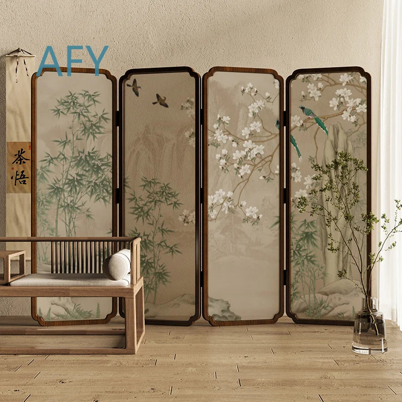 Zen Wood Folding Screen Partition | Floral & Bird Room Divider