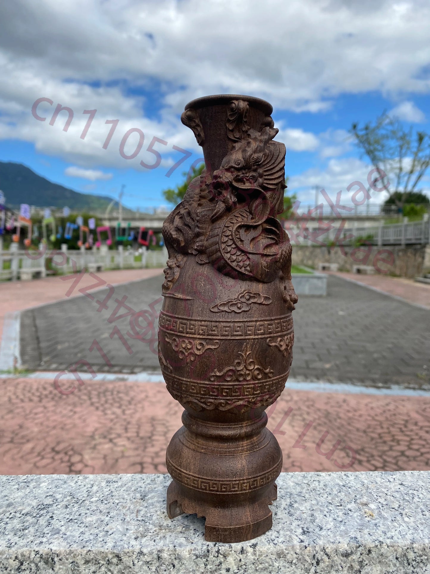 Hand-Carved Vietnamese Agarwood Dragon & Phoenix Vase - 10" Feng Shui Sculpture for Home Decor, Living Room, Office, Gifts