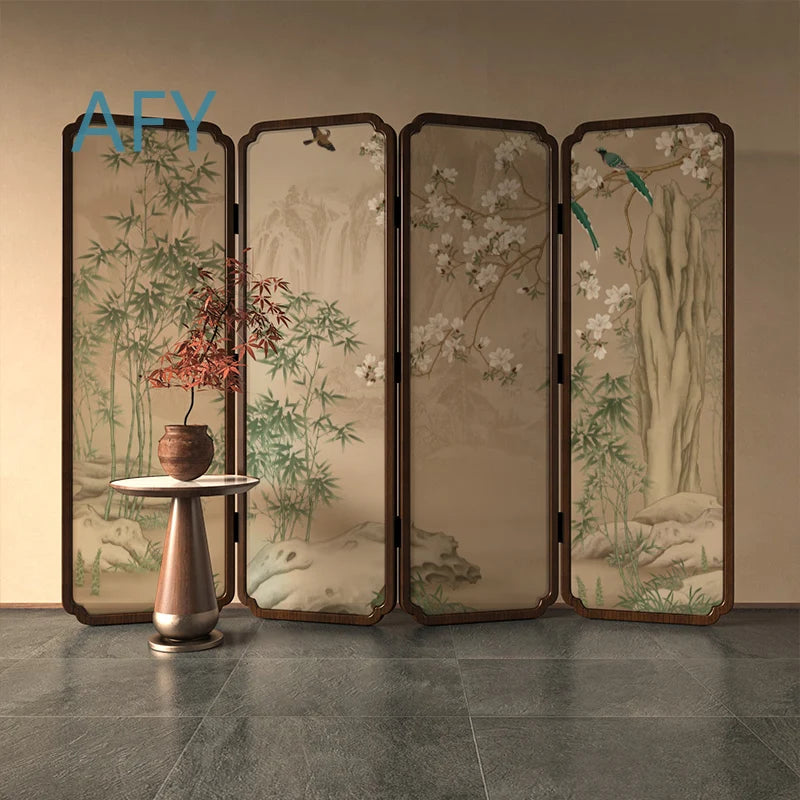Zen Wood Folding Screen Partition | Floral & Bird Room Divider