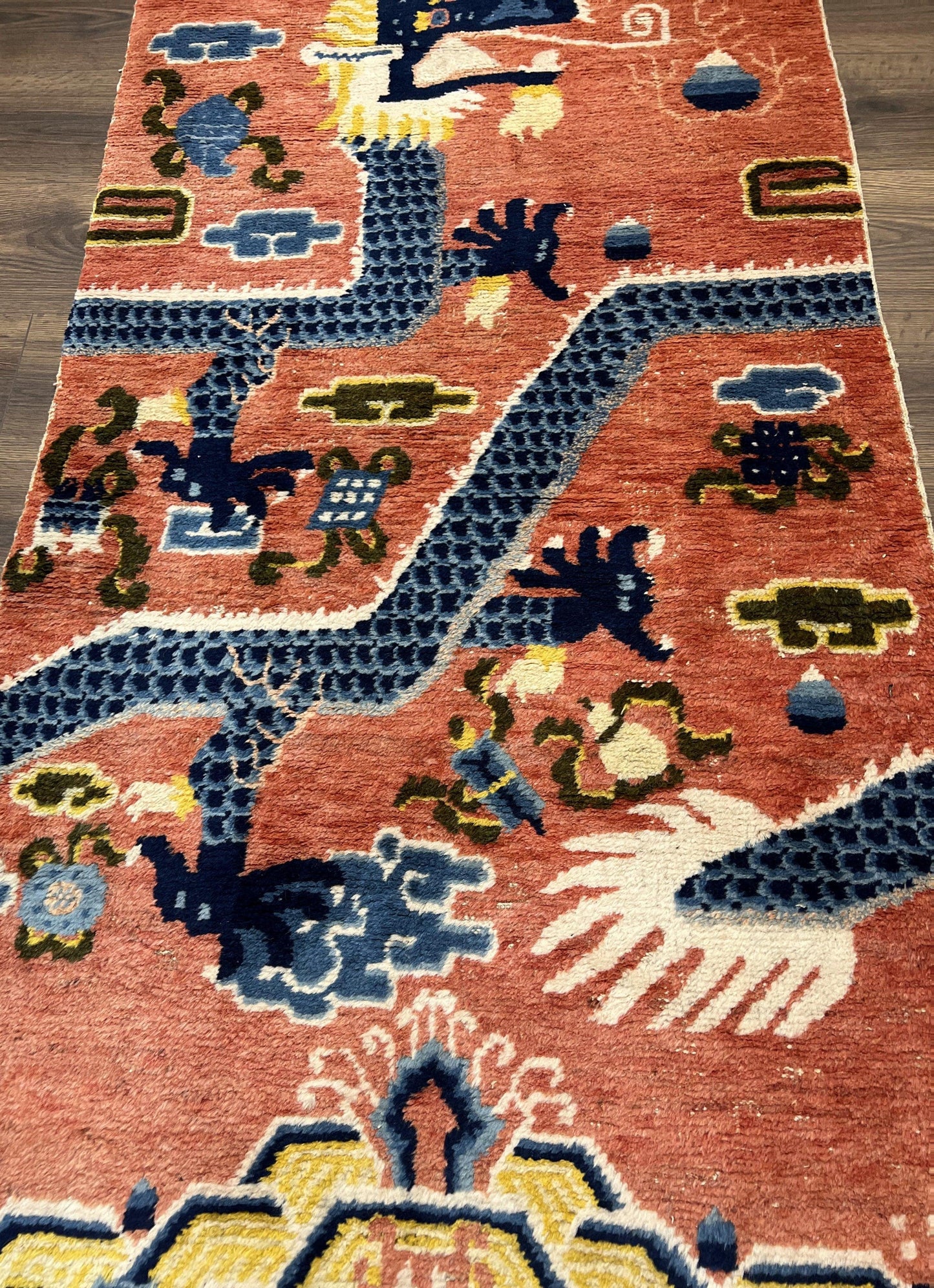 Alfombra de pilar china Ningxia rara de 3x8, finales de la dinastía Qing, dragón de 5 garras, borde de arcoíris de nubes, alfombra antigua coleccionable, lana anudada a mano