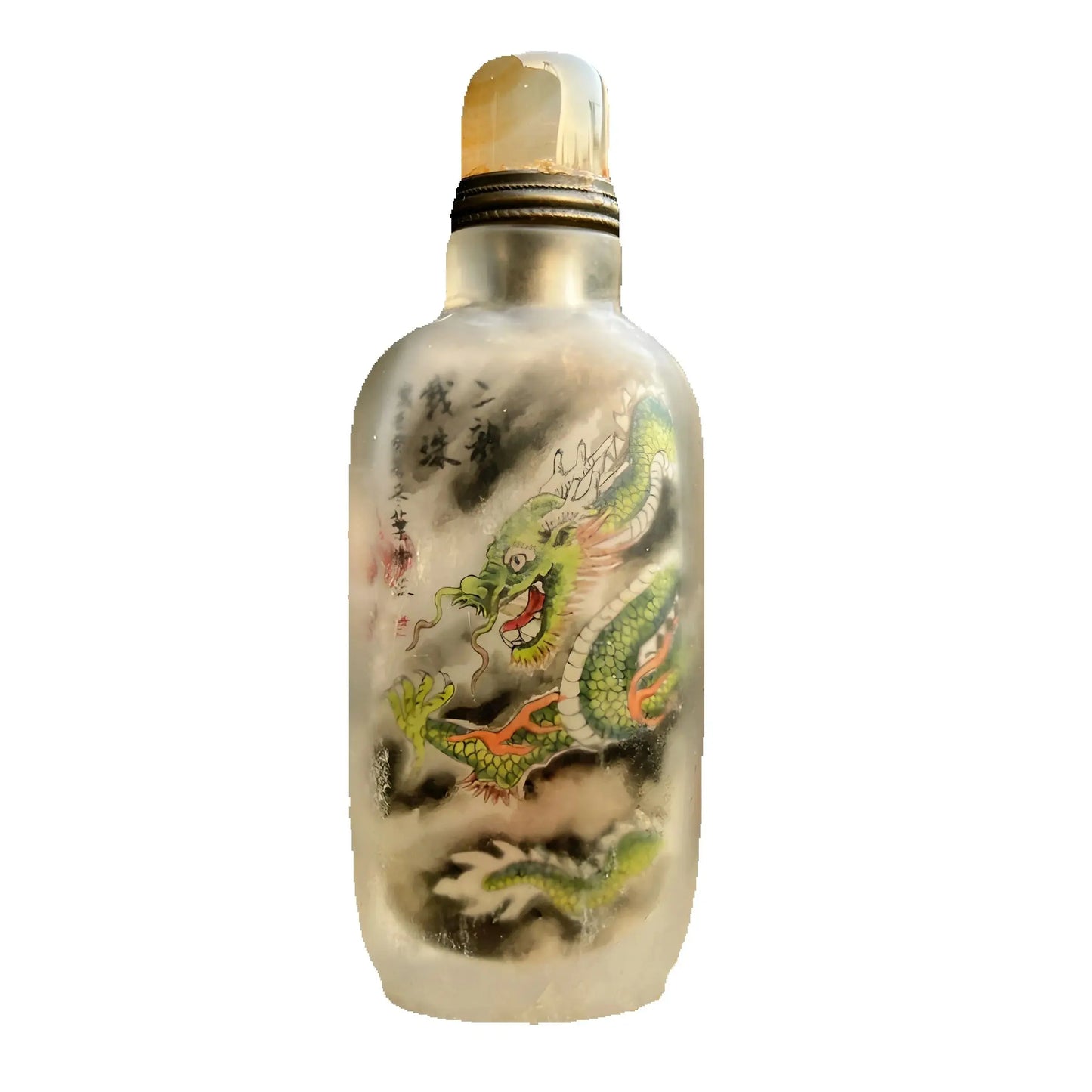 Antique Chinese Snuff Bottle with Natural Crystal and Inside Painting - Dragon Design