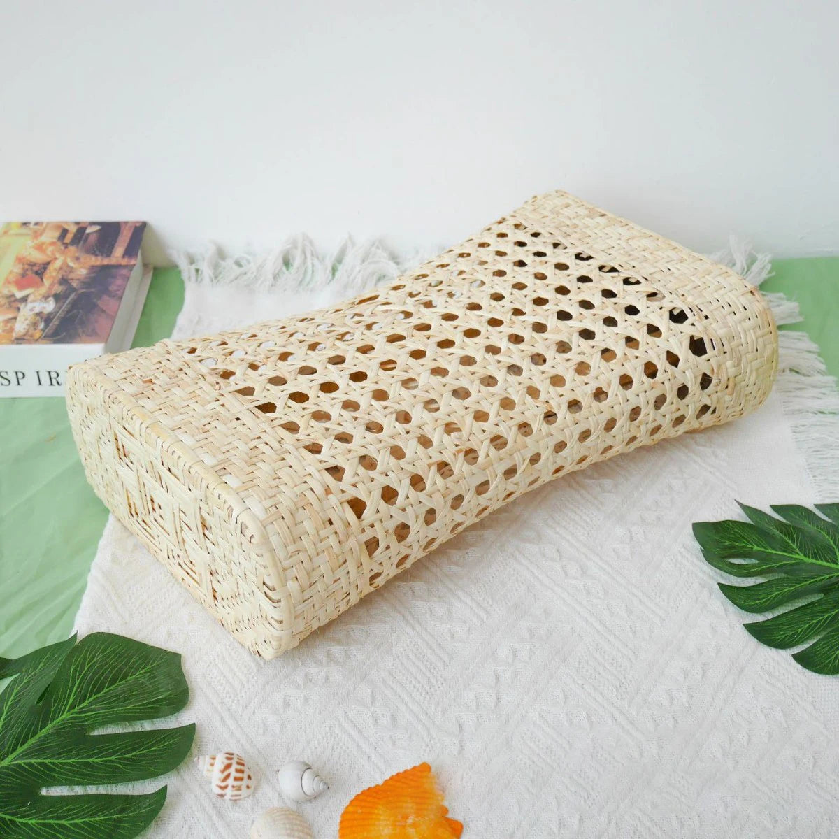 Hand-Woven Natural Straw & Rattan Cooling Pillow – Breathable Hollow Headrest & Neck Support