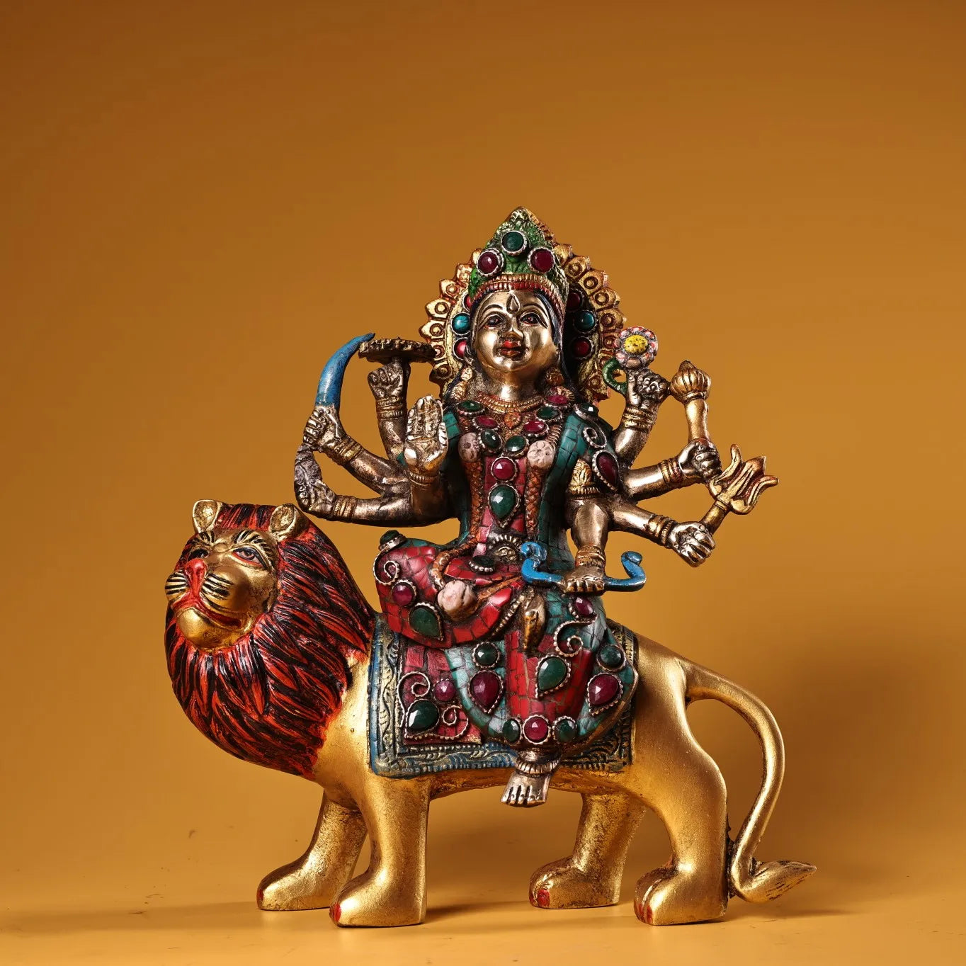 9" Tibetan Temple Collection Old Bronze Outline in gold Mosaic Gem Turquoise Durga Six-armed Lion guardian Shiva Worship Hall
