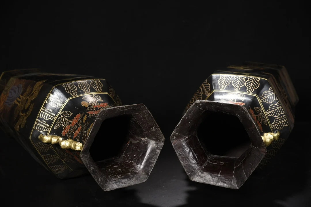 22"Tibetan Temple Collection Old Wood Lacquerware Outline in gold Tlandscape Pattern poetry Hexagonal Bottle Vase A Pair