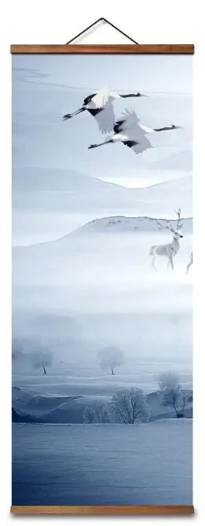 Chinese Style Snow Mountain Deer Bird Decorative Wall Art Canvas Poster in Blue and White