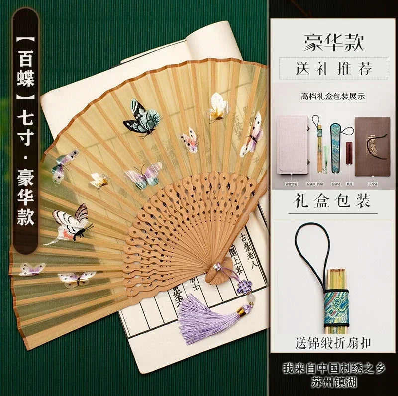 Chinese Embroidery Style Bamboo Folding Fan, Embroidery Female Silk Fan, Silk Fan Chinese Style